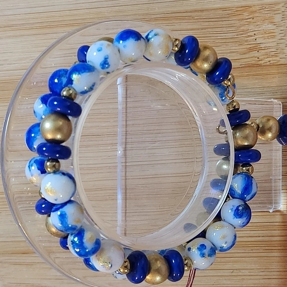 Hand Crafted Memory Wire Wrap Bracelet Royal Blue Gold White Small/Medium